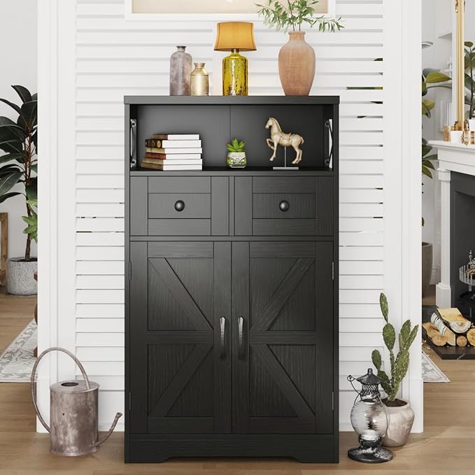 Farmhouse Storage Cabinet with Drawers, Small Kitchen Pantry Cabinet, Black | Accent Coffee Bar Cabinet Cupboard, 2 Drawers, 2 Barn Doors & Adjustable Shelves, for Kitchen/Entryway/Living Room/Bathroom