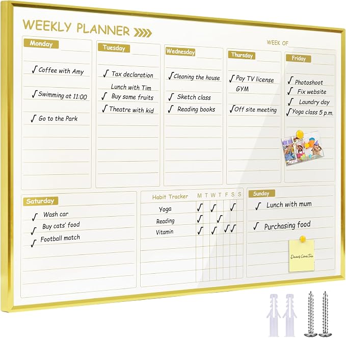 Gold Weekly Dry Erase Board for Wall,12"x16",Gold Metal Frame Weekly Planner Whiteboard for to Do List, Memo, School, Home, Office, Kitchen-GZ