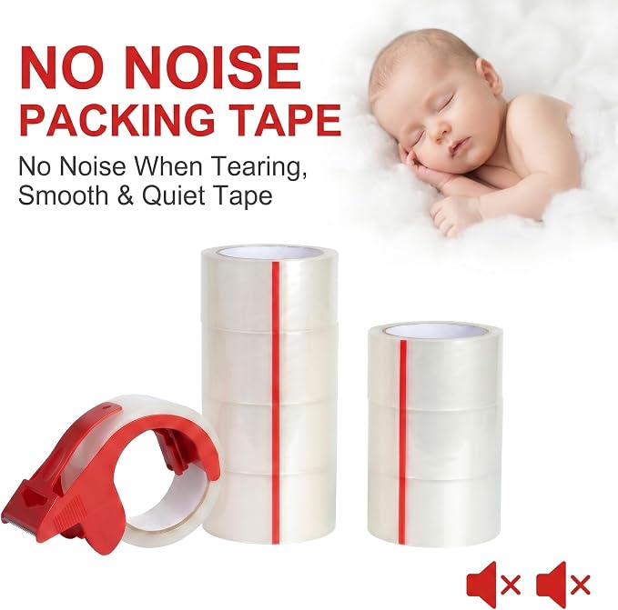 Clear Silent Packing Tape with Dispenser, 1.88 Inch x 55 Yds, 8 Rolls, 2.4mil, Heavy Duty Shipping Tape for Moving, Packaging, Storage, Carton Sealing Total 440 Yards