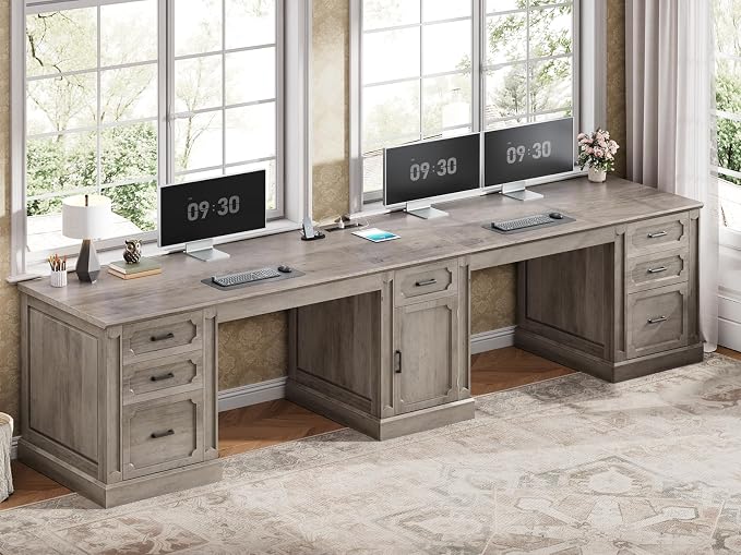 SEDETA Farmhouse 110.3" Two Person Desk with 7 Drawers, Long Computer Desk with Storage Cabinet, 2 Person Desk with Power Outlets for Home Office, Gray