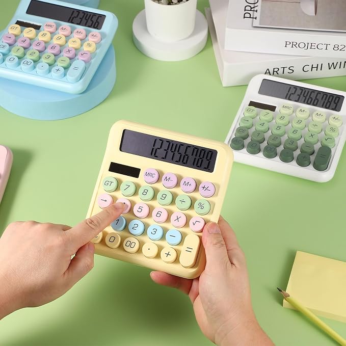 PATIKIL Cute Calculator, Desk Calculator Basic Big Button 12 Digit Large Display Mechanical AAA Battery Solar Power for Office Supplies Girl Female Woman Gift, Beige