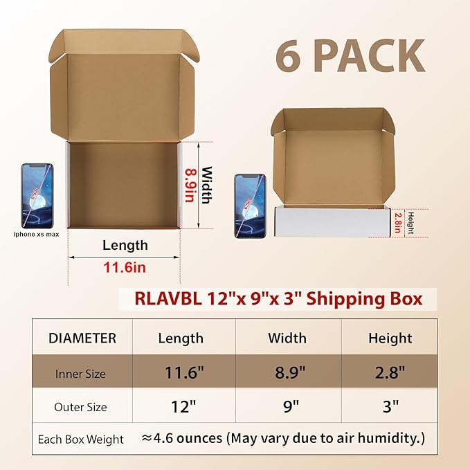 RLAVBL 12x9x3 Shipping Boxes Set of 6, White Corrugated Cardboard Box for Packing, Mailing, Business