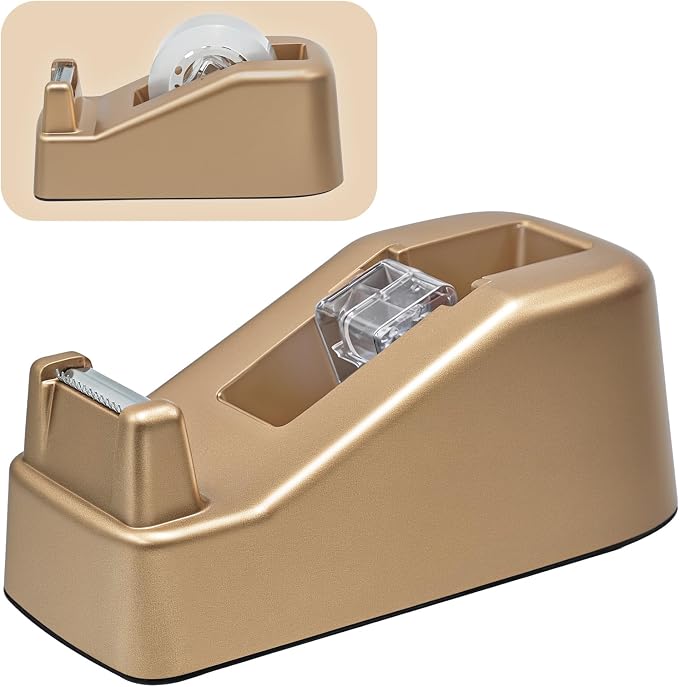 Aesthetic Metallic Finish Office Tape Dispenser, Fits 1" Core, Gold | Standard 1-Inch Clear Tape Roll Holder, Elegant Stylish, Rubber Base, Smooth Cut Serrated Blade, Home Desktop Supplies Decor