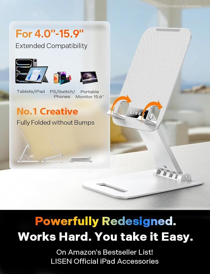 LISEN for iPad Stand Adjustable Tablet Holder Desk, iPad Accessories White | Foldable Home Office Desk Accessories Travel for iPad Holder Dorm College Essentials Fits Ebooks Kindle 4-15.9"