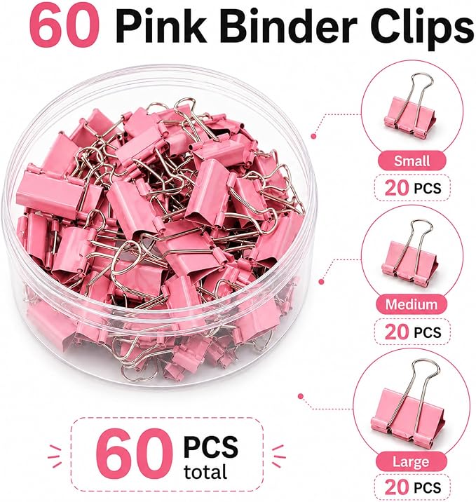 Binder Clips Assorted Sizes, Morandi Colors, Durable Metal Binder Clips for Office, Cute Desk Supplies for Teachers Student (Pink - 1 Box) | 1 Box of Colored Paper clips and Binder Clips, Cute Office Supplies, Desk Accessories, Black, Pink
