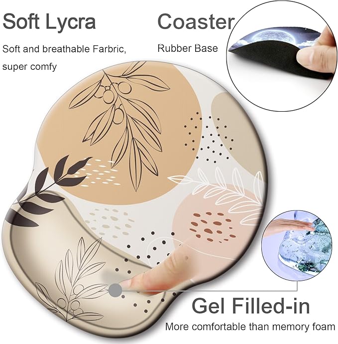 Ergonomic Mouse Pad with Wrist Support Rest,Large Mousepad Gel Wrist Rest, with Coaster Non-Slip & Pain Relief for Computer, Desk, Home&Office-Boho Leaves
