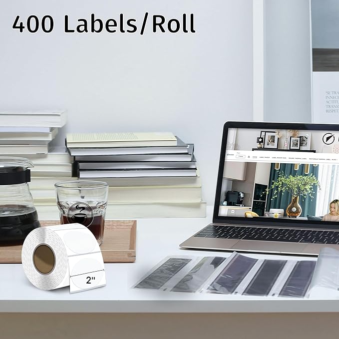 iEager Transparent Circle Thermal Label Stickers 2 Inch Round Printable Clear Stickers, Self-Adhesive Thermal Labels Roll for Decor, Home Storage, Thanks Card, Gift Box, Custom Logo Design-400 Labels