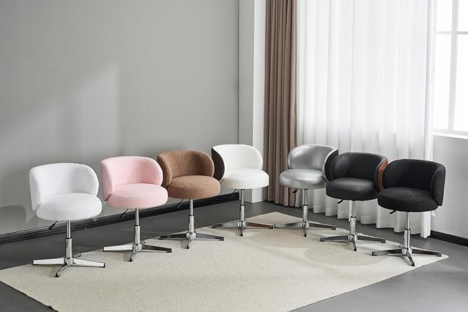 VINGLI Cute Small Swivel Desk Chair Comfy no Wheels,Ergonomic Low-Back Lumbar Support Vanity Nail Tech Computer Task Stool Chair for Home Office,Height Adjustable,PU Leather White&Suede Khaki