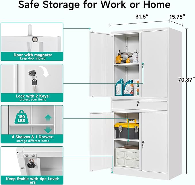 White Metal Storage Cabinet with Drawer and Locks,Garage Storage Cabinet with Locking Doors and Adjustable Shelves,71" Tall Large Metal Cabinets with Magnetic Door for Home,Office,Garage