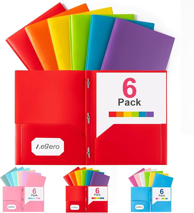 Aegero Folders with Pockets and Prong with Fasteners (6 Pack, Assorted Colors),Durable Plastic Pocket Folders with Prongs,Tear Resistant,2 Pocket 3 Prong Folders for Schoolwork & Office,Letter Size | STANDARD LETTER SIZE & CAPACITY