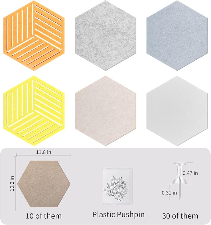 Hexagon Felt Bulletin Cork Board Tiles Peel and Stick, 10 Pack | 1300g/m² Dense Polyester Fiber, Self-adhesive, Frameless, Modern, Modular Wall Decor, 12 x 10 inch, 30 Push Pins