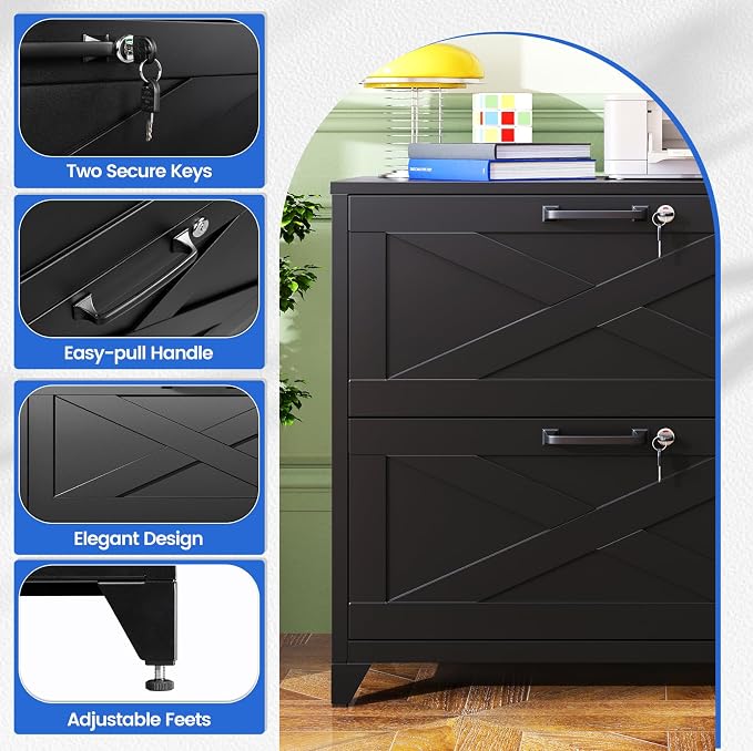 MIIIKO 2 Drawer File Cabinet with Lock,Metal Lateral Filing Storage Cabinets for Home Office,Files Folders Letter/Legal/A4 Size(Black)