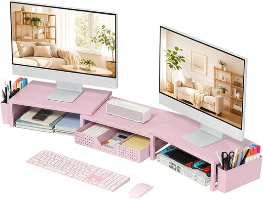 Desk Organizers and Accessories, Dual Monitor Stand Riser with Drawer and 2 Pen Holders, Desk Shelf Computer Racks for Office Workspace Organizers, Desktop Organization (Pink)