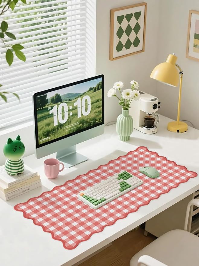 Scalloped‌ Checkered Gingham Desk Mat Cute Red XXL Large Mouse Pad Kawaii Cottagecore ‌Vintage‌ Rustic Girly Keyboard Computer Mat Pad Aesthetic Cozy Office Desk Decor for Women