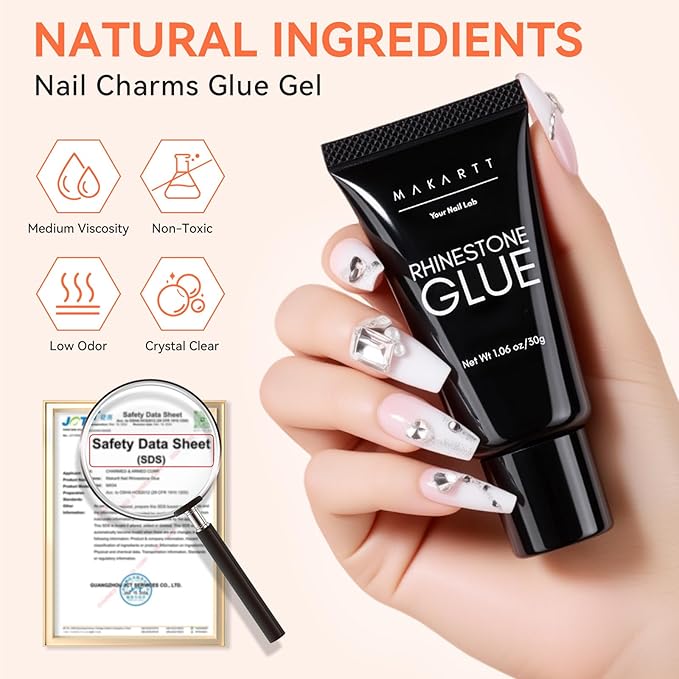 Makartt Rhinestone Glue Gel - 30G Ultra Strong Hold UV/LED Cured Nail Glue Adhesive for Charms, Gems, Diamonds, Chrome & Aurora Powder, 3D Gel Nail Art Sculpting, Glitter, Decals, Salon DIY Easy Use