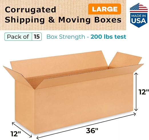 Exrta Large Shipping & Moving Boxes 36"L x 12"W x 12"H (15-Pack) - Extra Strength 200 lb vs Regular - Corrugated Packing Boxes for Moving - Easy-to-Recycle Cardboard Box by IDL Packaging | Extra Strength 200 lb vs Regular - Corrugated Packing Boxes for...