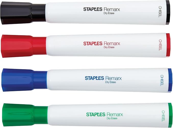 STAPLES Remarx Dry Erase Markers, Chisel Point, Assorted, 12/Ctn | Bold whiteboard markers, low odor, for office and classroom use.
