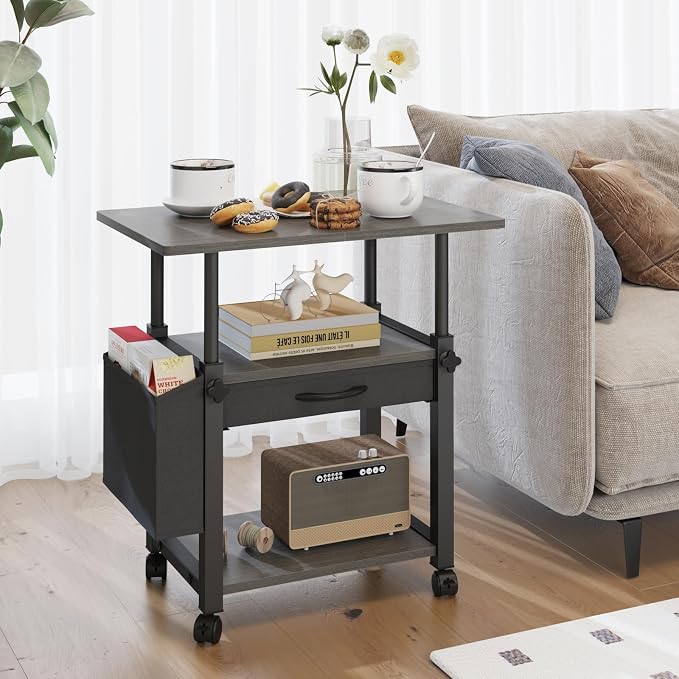YAOHUOO 22"x15" Large Printer Stand with Drawer, 3-Tier Rolling Table Cart | Storage Drawer and Side Bag,Height Adjustable Cart,Fit printer/fax/3d/scanner,4 lock wheels or feet,Gray