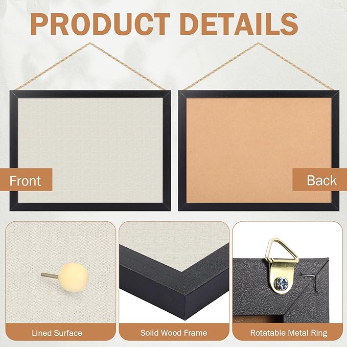 Teling 4 Pack Wood Bulletin Boards with Linen 12''x 16'' Cork Board for Walls with 90 Pushpin Decorative Wood Framed Display for School Office Home Decor (Black)