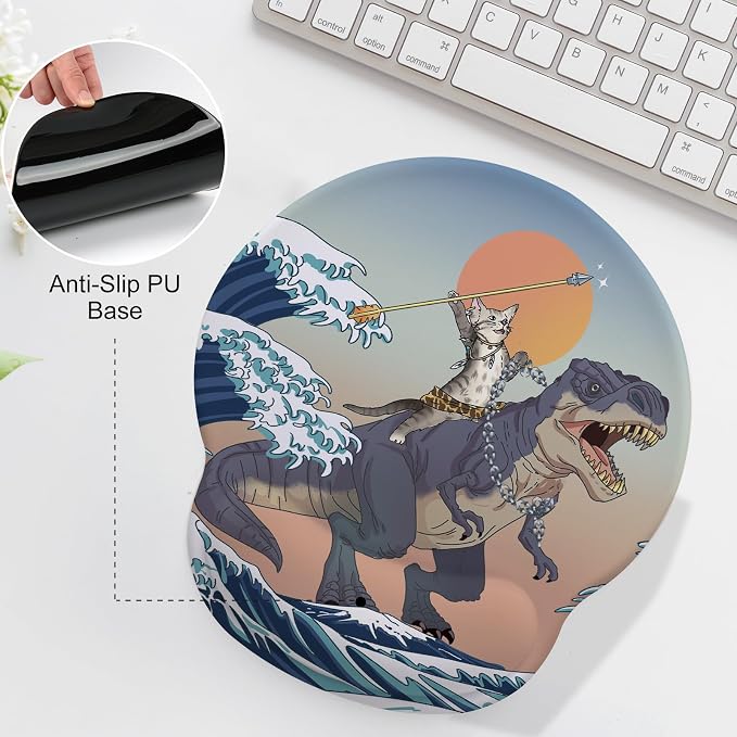 Cat and Dinosaur Mouse Pad with Gel Wrist Support, Smooth Surface Ergonomic Mouse pad, Non-Slip Pain Relief Desk Mat for Gaming, Work & Office Desktop