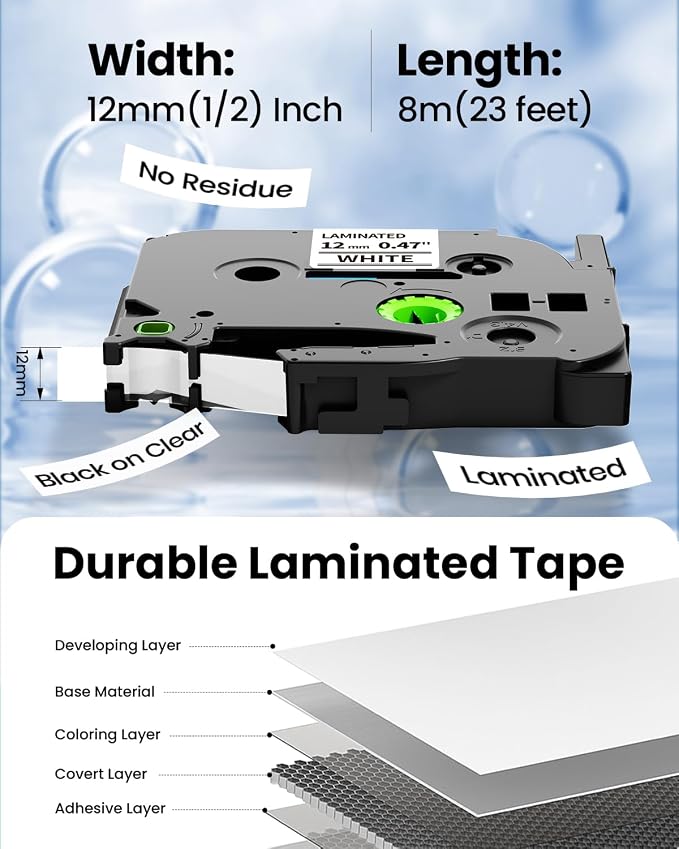 PT-D220 D210 D200 H100 Label Tape TZe-231 TZe231 Compatible with Brother | Label Maker Tape P Touch 12mm 0.47 Inch Laminated White TZe TZ Tape Ptouch Refills, 1/2 Inch(12 mm) * 8m, 6-Pack