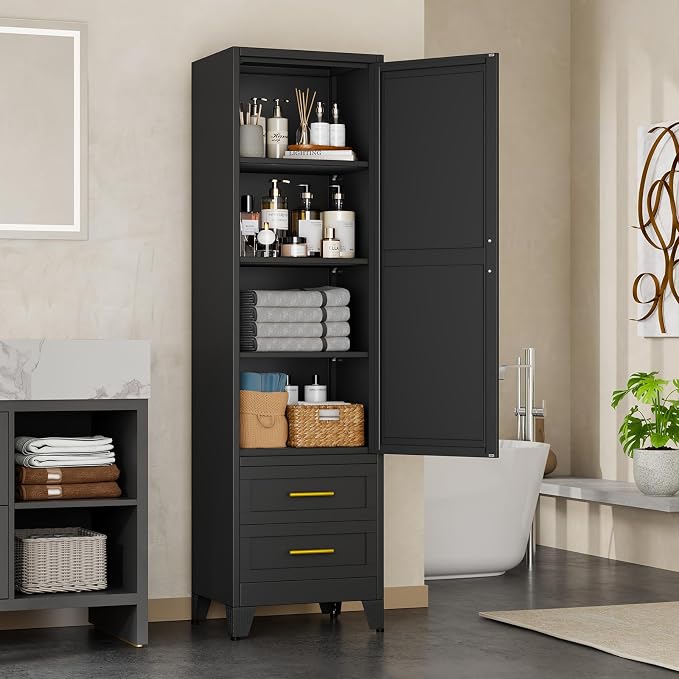 Metal Tall Narrow Storage Cabinet,Freestanding Floor Cabinet with 2 Drawers and 3 Adjustable Shelves,Pantry Storage Cabinets for Bathroom,Living Room,Entryway and Kitchen,Black