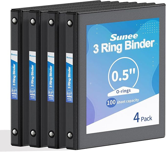 SUNEE 1/2 Inch Binders 3 Ring, PVC-Free Clear View Half Inch Binders (Fits 8.5x11 Inches) for School, Office & Home Use, Black