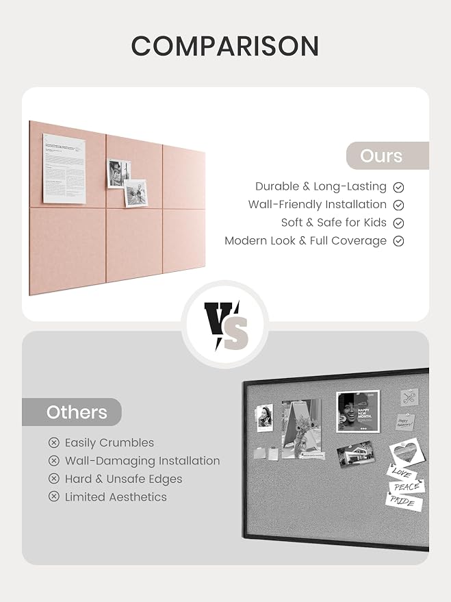 Bumusty 36" x 24" Large Cork Board Alternative, Pink | 6-Pack Felt Bulletin Board Tiles, 60 Adhesive Tabs, 30 Pushpins, Home, Office, Classroom, Vision Board