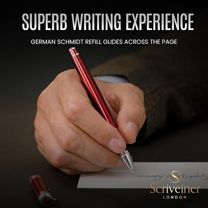 Scriveiner Personalized Deep Crimson Red Rollerball Pen - Stunning Red Lacquer Luxury Pen with Chrome Finish, Schmidt Ink Refill, Engraved Roller Ball Gift Set for Men & Women, Custom Name Engraving