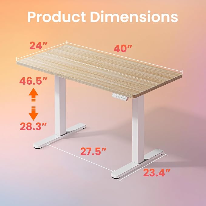 HUANUO 40x24 Inch Electric Standing Desk, Height Adjustable, Light Walnut | 176 Lbs Capacity, Smooth Home Office Desk, 4 Memory Presets & Headphone Hooks, 28.3–46.5 Inch Height Range, Easy to assemble