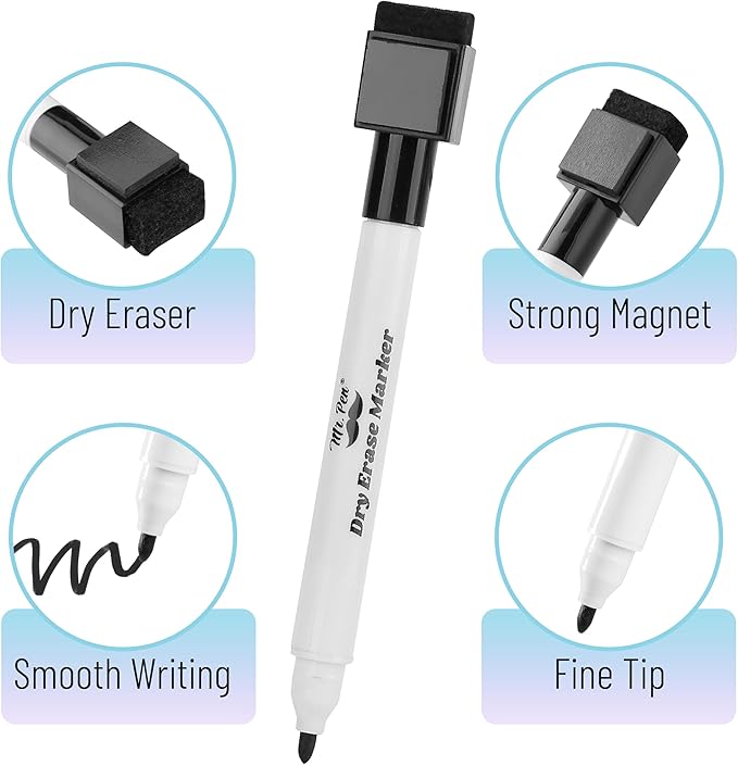 Mr. Pen- Magnetic Dry Erase Markers Bulk, 12 Pack, Black, Fine Tip, Dry Erase Markers with Eraser Cap