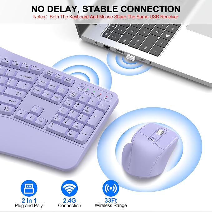Wireless Keyboard and Mouse Combo, 2.4G Ergonomic Wave Keys(Purple) | Full Size Wave Keyboard with Wrist Rest, 3-Level DPI Adjustable Ergonomic Mouse for Windows and Mac OS Desktop/Laptop/PC