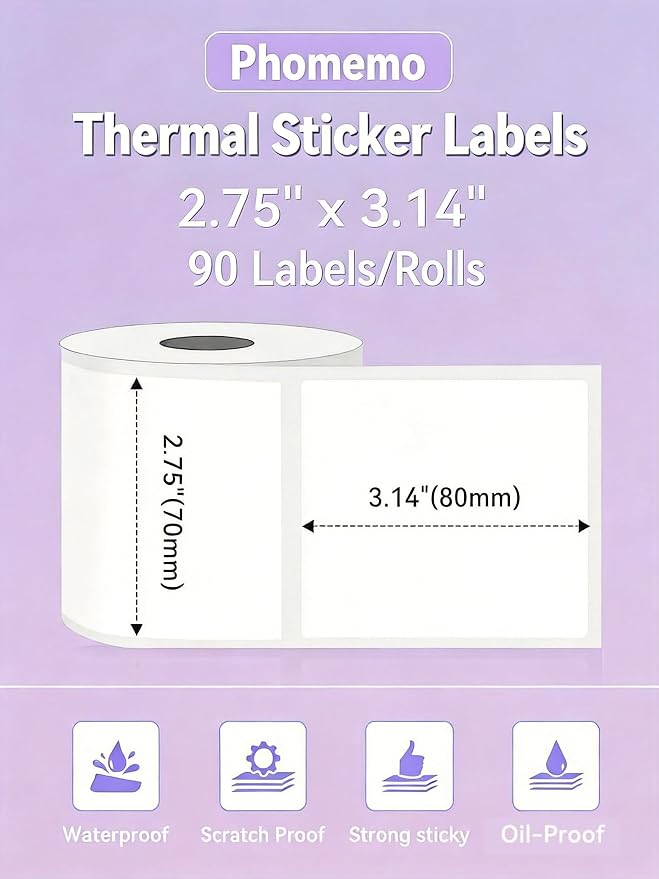 Phomemo M220 Labels 3 Rolls,2.75'' x 3.14'', for M220/M250/M221, 270 PCS | Square 70x80mm Waterproof Thermal Sticker, Use for Barcode, Listing, Business, Home,Organization, Office, Warehouse, White