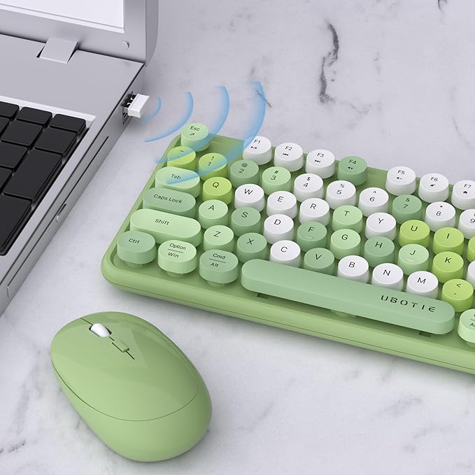 UBOTIE Colorful Wireless Keyboard and Mouse Combo (Green-Colorful) | Retro Typewriter Floating Full-Sized Keys Computer Keyboard with Optical Mouse, 2.4GHz USB Connection for Windows Mac