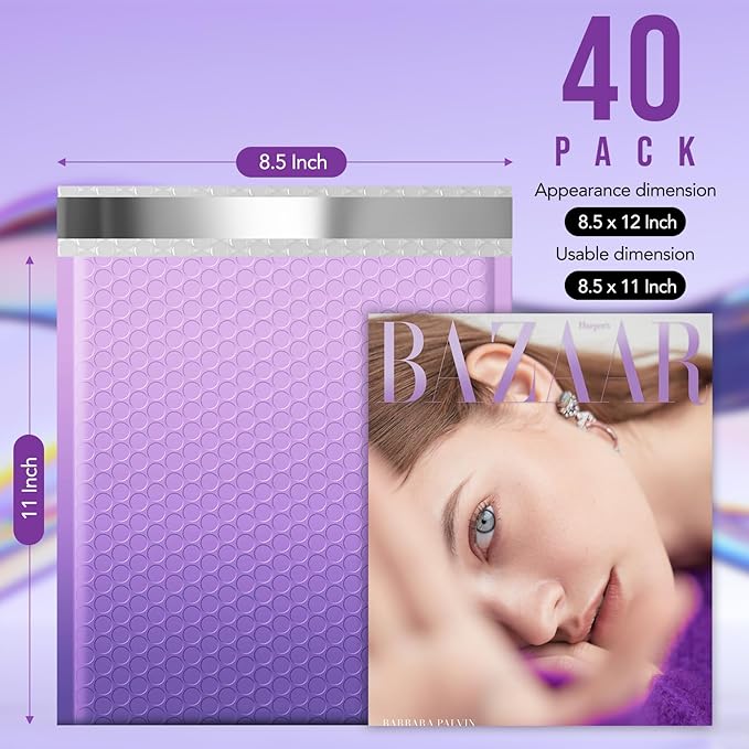Fuxury 40 Pack Thick Bubble Mailers 8.5x12” Gradient Purple Bubble Envelopes Cute Design Cushion Mailer for Small Business Mailing Books Clothes Makeup Supplies
