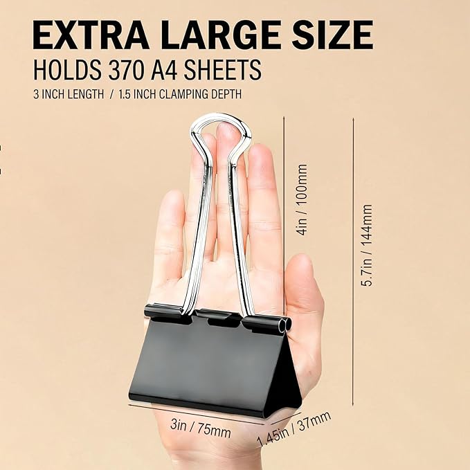 24 Pack 3 Inch Extra Large Binder Clips, Black Jumbo Binder Clips, Heavy Duty Paper Clamps, Big Metal Paper Clips for Office, Home, School, Art Supplies
