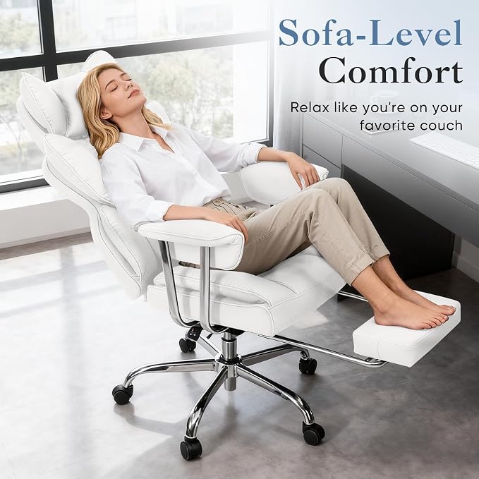 DUMOS Big and Tall Home Office Desk Chair, Executive Chair with Footrest | Scratch-Resistant PU Leather, Ergonomic Reclining, Pocket Spring Support, 400 LBS Weight Capacity, White