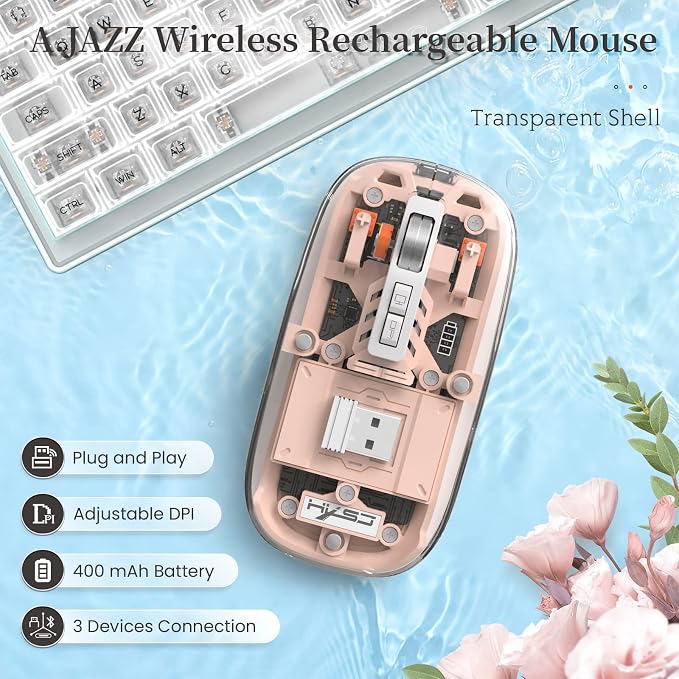 AJAZZ Wireless Bluetooth5.1&2.4G Mini Lightweight Mouse,Transparent Clear Cool,Rechargeable Silent Computer Mice,Nano USB C Receiver,LED Battery Magic Silm for Office/PC/Mac/Laptop/Apple/ipad(Pink)