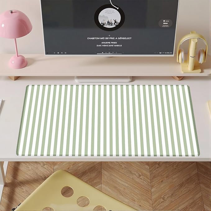 Sage Green Striped Desk Mat Cute Pastel XXL Large Gaming Mouse Pad Desk Pad Kawaii Aesthetic Home Office Decor Cozy Keyboard Laptop Computer Mat
