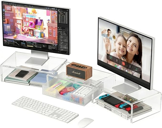 Clear Acrylic Desk Organizers and Accessories, Dual Monitor Stand Riser with Drawer, Desk Shelf Computer Racks for Office Workspace Organizers, Desktop Organization (Transparent)