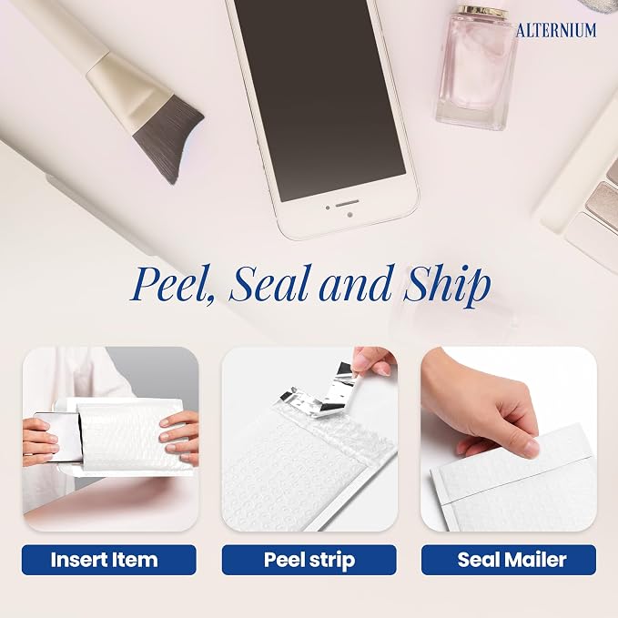 ALTERNIUM Bubble Mailers 6x9 Inch, 50-pack – Small Padded Shipping Envelopes, Self Seal Poly Bubble Mailers, Waterproof Lightweight Mailers for Jewelry, Trading Cards & Small Business - White