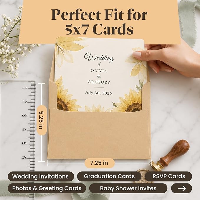 110 5x7 Kraft Brown Invitation Envelopes - for 5x7 Cards - A7 - (5 ¼ x 7 ¼ inches) - Perfect for Weddings, Graduation, Baby Shower - 120 GSM - Peel, Press & Self Seal - Square Flap