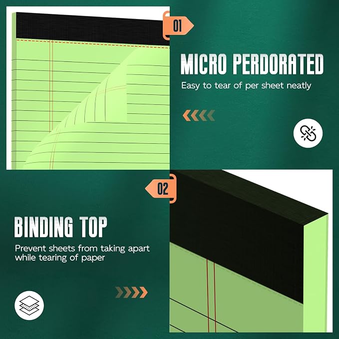 3 Pack Colored Legal Pads 8.5 x 11 Wide Ruled Note Pads, Green Notepads | Writing Pad 30 Sheets/Pad, Perforated Lined Paper Note Pad 8.5 x 11 of Paper Notebook To-Do List for School & Office Supplies