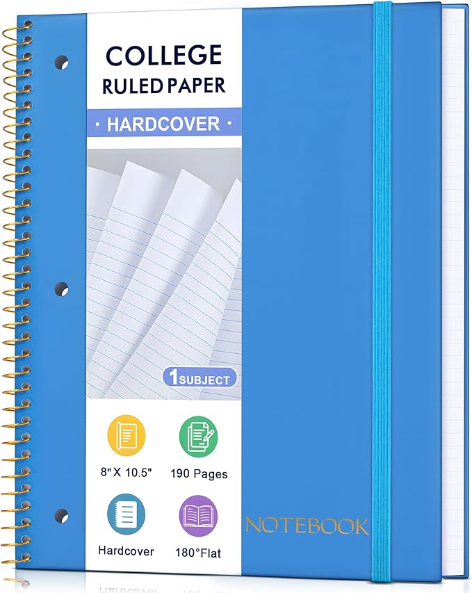 Spiral Notebook College Ruled Paper 8" x 10-1/2", 1 Subject Spiral Notebook, 3-Hole Punched Perforated Pages Ideal for School, Office, Writing, 95 Sheets Lined Journaling Notebook, Blue
