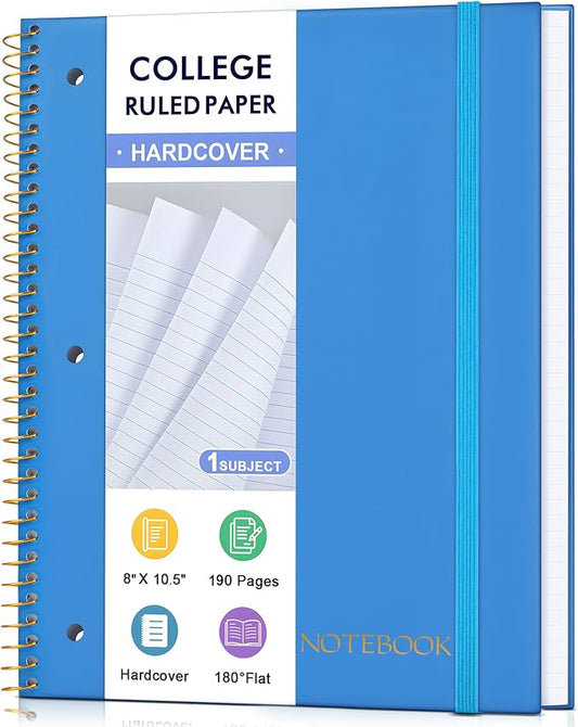 Spiral Notebook College Ruled Paper 8" x 10-1/2", 1 Subject Spiral Notebook, 3-Hole Punched Perforated Pages Ideal for School, Office, Writing, 95 Sheets Lined Journaling Notebook, Blue
