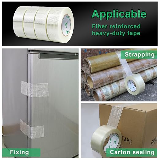 BOMEI PACK Filament Strapping Tape, 5.3 Mil 2 Inch x 60 Yards, Heavy Duty Reinforced Fiberglass Packing Tape, 2 Pack