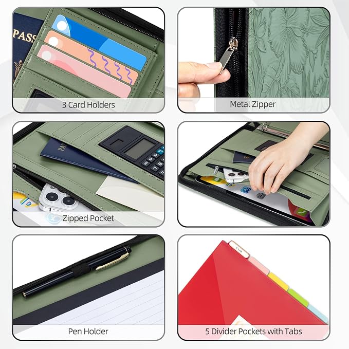 Ospelelf Green Leather Portfolio Binder 3 Ring, Zippered Clipboard Folder with Storage - 5 Dividers with Pocket, Padfolio for Women,12.1” Tablet Sleeve, Refillable Notepad, Card Slot