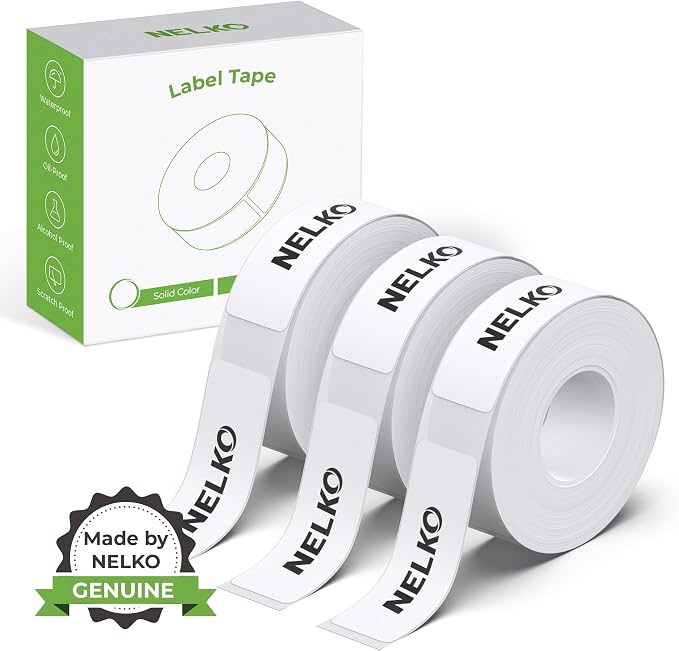 NELKO Genuine P21 Label Maker Tape,14x40mm, 3-Roll, White | Easy to Peel, BPA-Free, Strong Adhesion, Water-Resistant & Oil-Proof, Great for School, Office, Home, Kitchen, Black on White