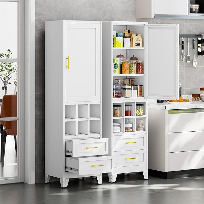 Metal Tall Narrow Storage Cabinet,Freestanding Floor Cabinet with 2 Drawers and 3 Adjustable Shelves,Pantry Storage Cabinets for Bathroom,Living Room,Entryway and Kitchen,White