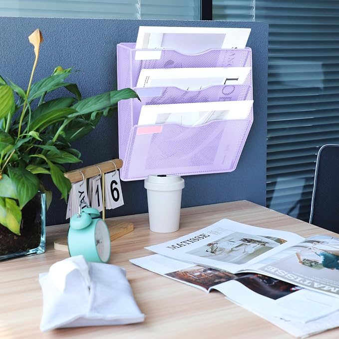 3 Pockets Mesh Wall File Holder Organizer Office Hanging File Folder Magazine Rack, Nametag Label Hooks Set Included (Purple)